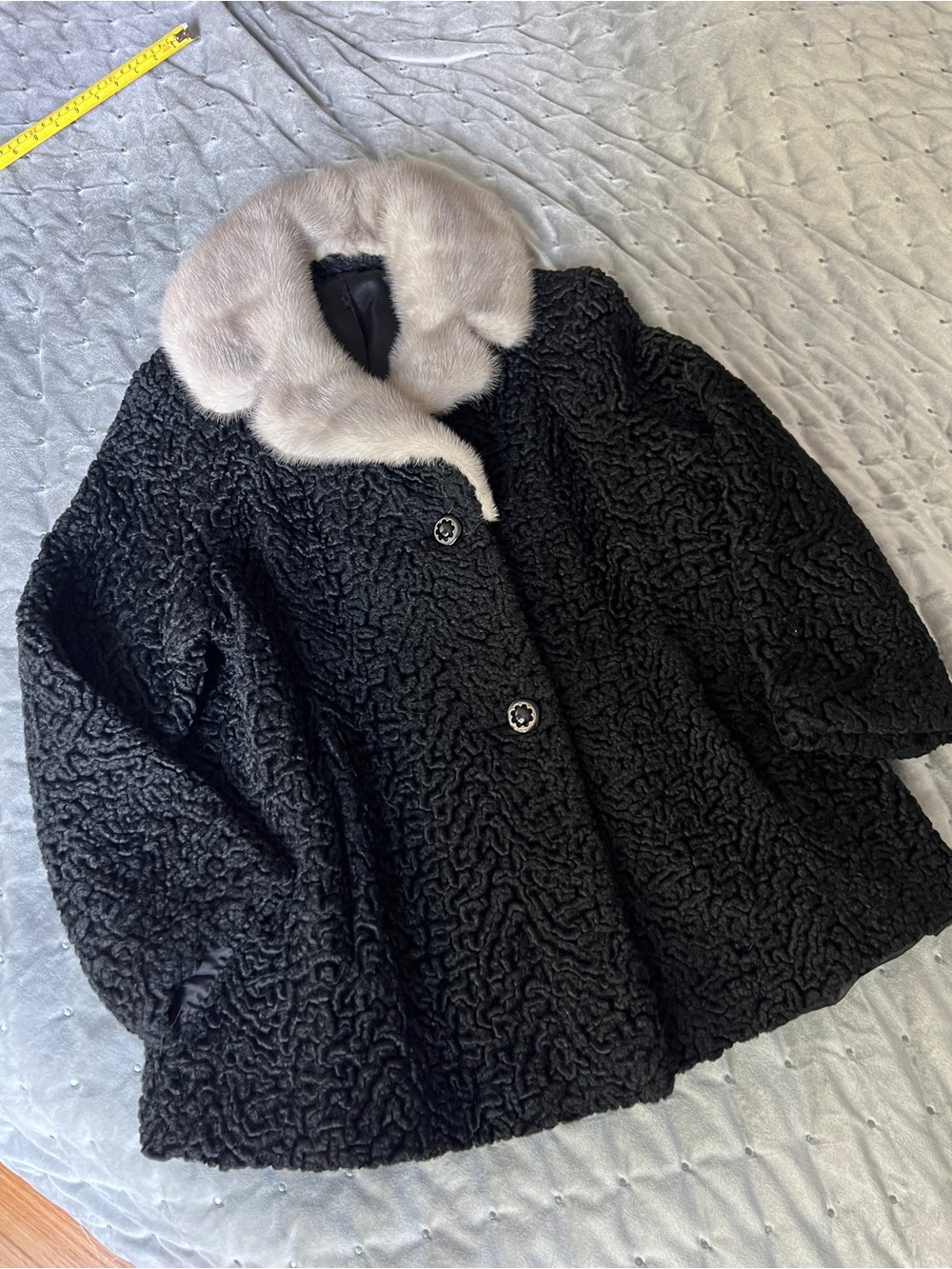 Vintage Black Persian Lamb Theater Coat Luxury Mink Fur Collar Opera Jacket